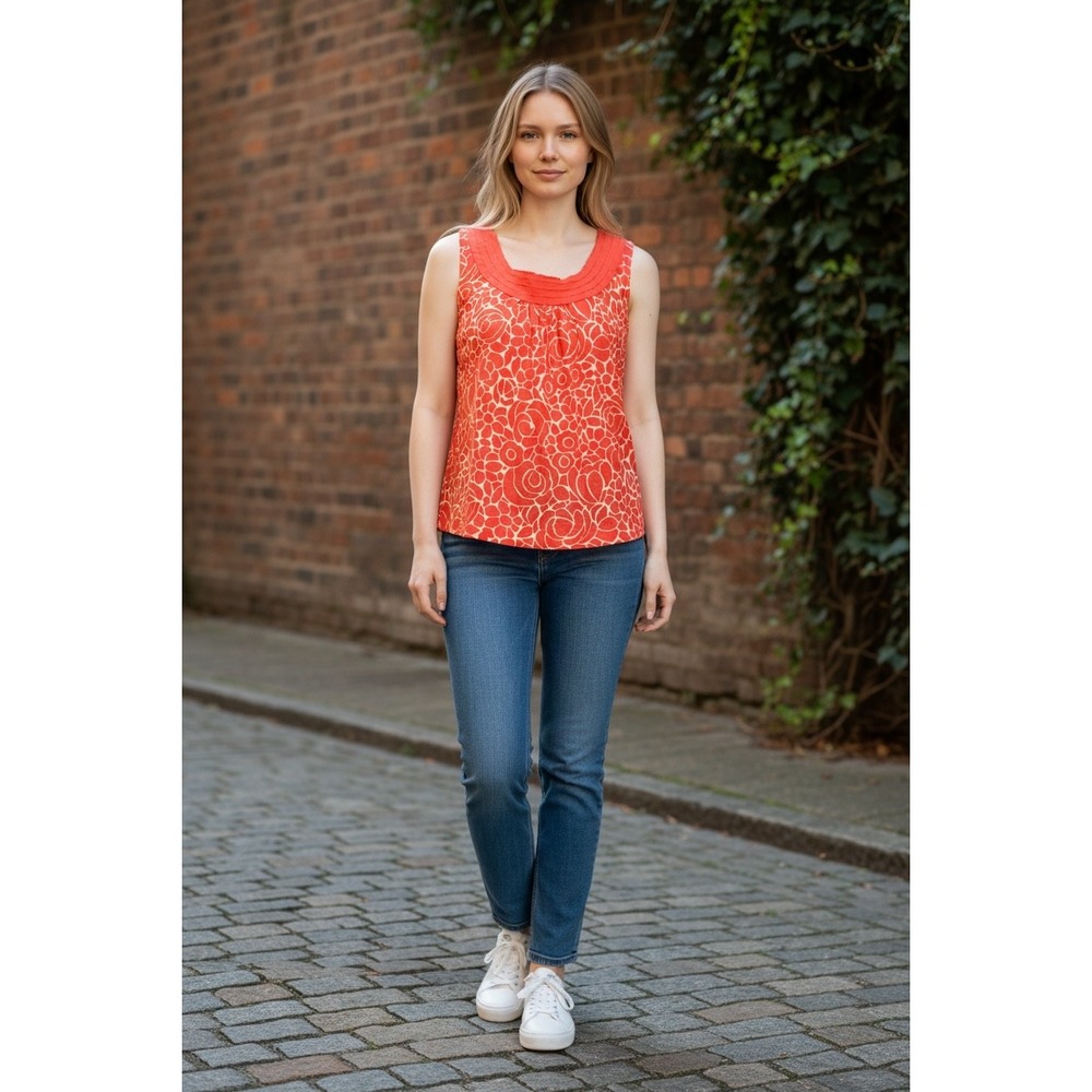 "Citrus Rose Reverie"  Cotton Sleeveless Blouse Pleated Scoop Neck Lined Top